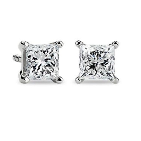 18k White Gold Over Sterling Silver Premium CZ Princess Cut 1ct Stud Earrings - Picture 1 of 1